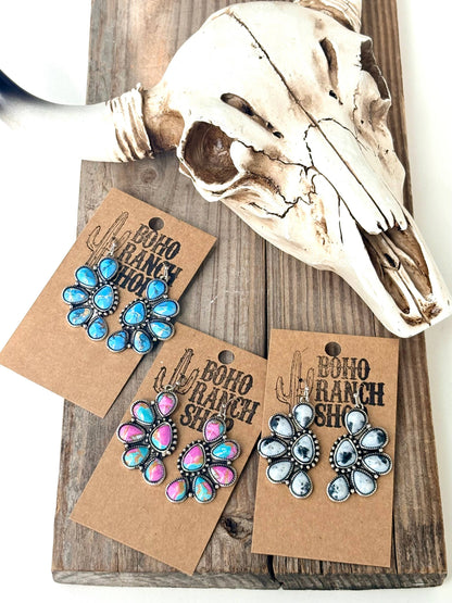 Western Half Concho Squash Blossom Stone Dangle Earrings
