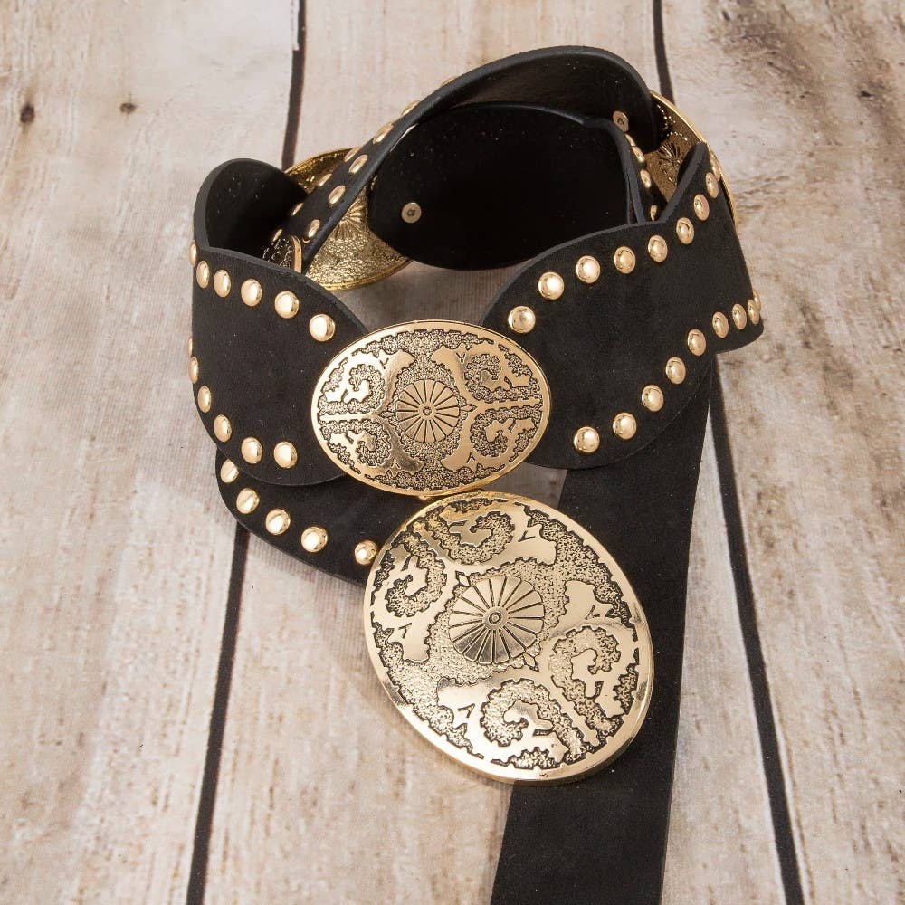 Western Oval Concho Studded Trim Vegan Leather Belt