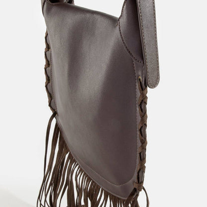 Rivet Trim Suede Fringe Shoulder Bag