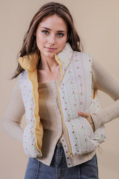 NJ90395-Floral Printed Cropped Puffer Vest