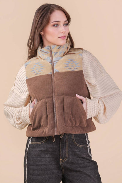 NJ90416-Aztec Graphic Corduroy Casual Puffer Vest