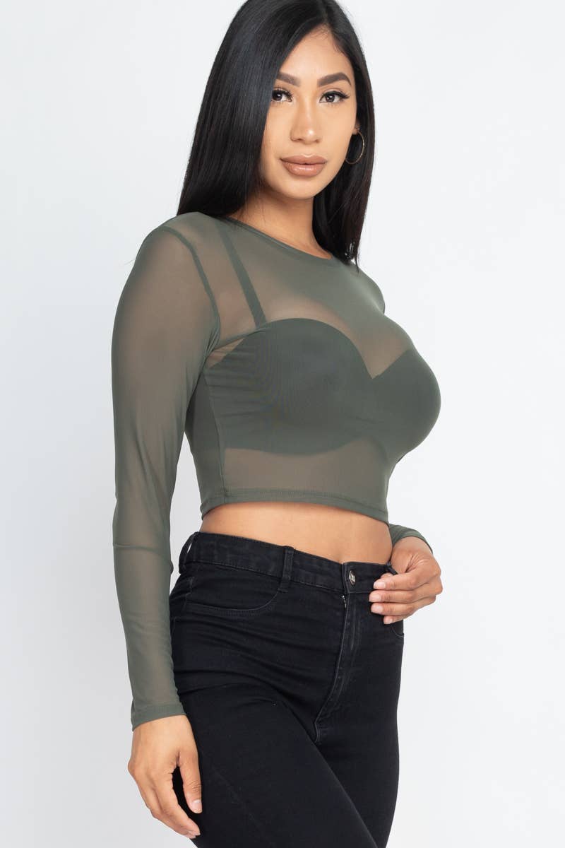 Solid Mesh Sheer Crop Top