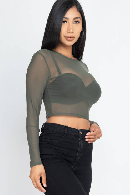 Solid Mesh Sheer Crop Top