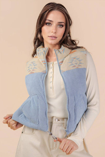 NJ90416-Aztec Graphic Corduroy Casual Puffer Vest