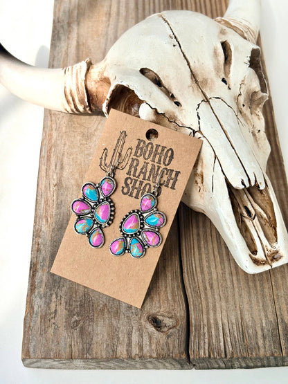 Western Half Concho Squash Blossom Stone Dangle Earrings