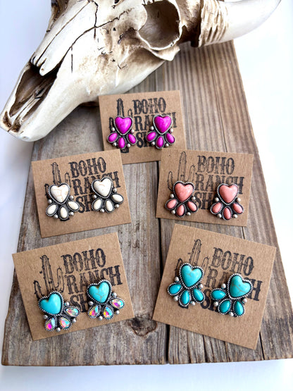 Western Heart Stone Stud Earrings