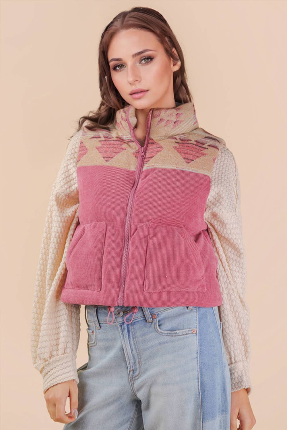 NJ90416-Aztec Graphic Corduroy Casual Puffer Vest