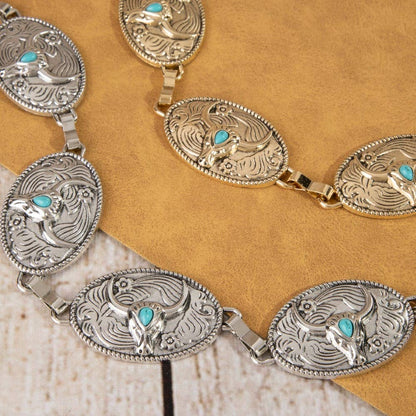 Turquoise Stud Bull Head Concho Chain Belt
