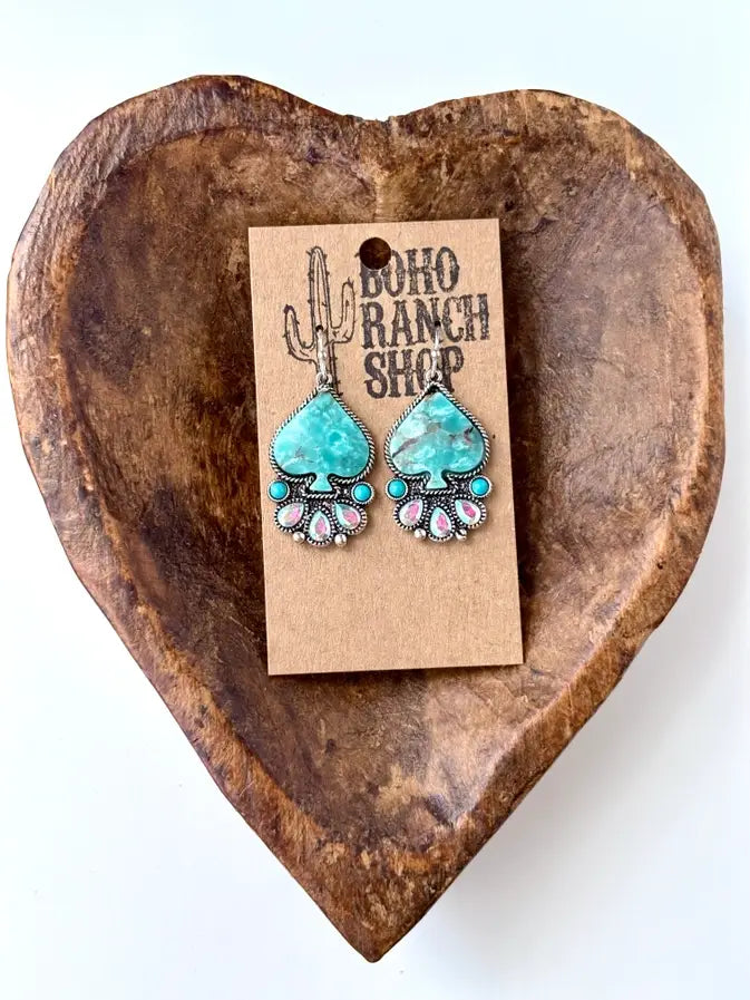 Western Style Spade Stone & Rhinestone Drop Dangle Earrings