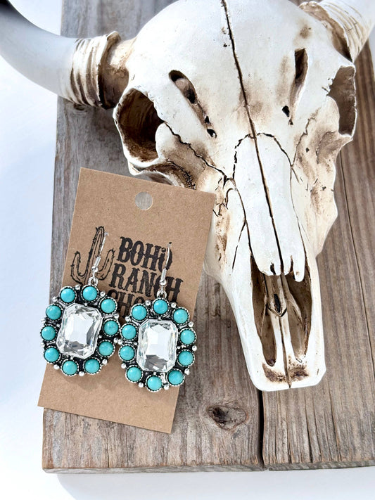 Western Style Rhinestone Turquoise Stone Dangle Earrings