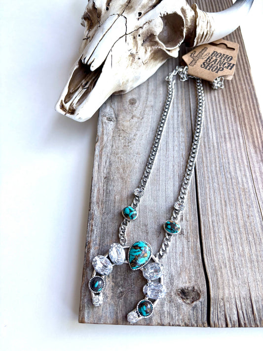 Western Squash Blossom Stone Pendant Chunky Chain Necklace