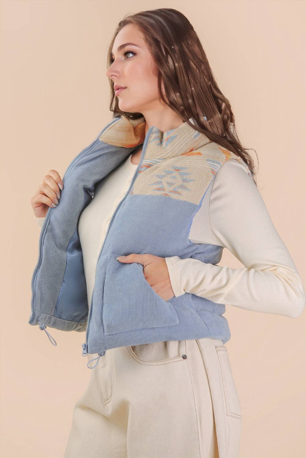 NJ90416-Aztec Graphic Corduroy Casual Puffer Vest