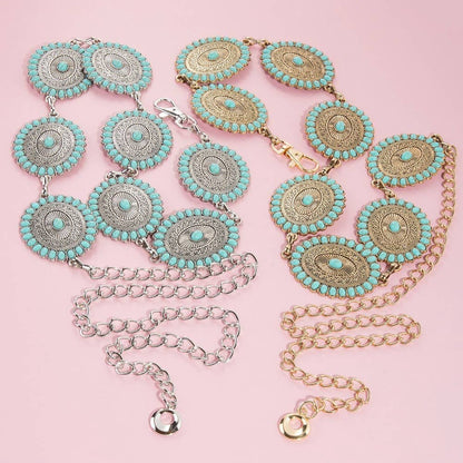 Western Mini Turquoise Stud Oval Concho Chain Belt
