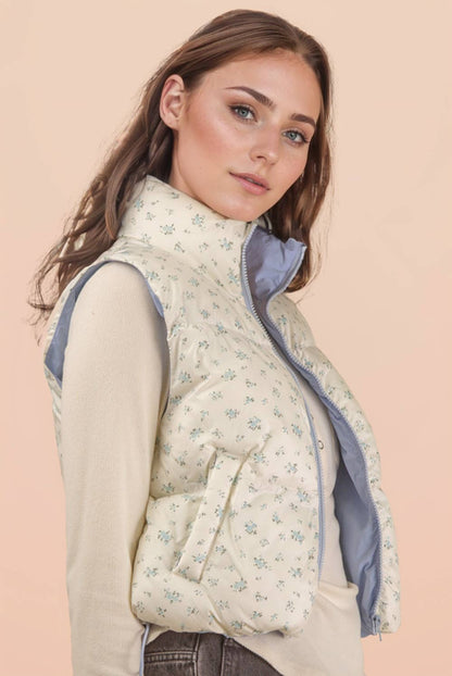 NJ90395-Floral Printed Cropped Puffer Vest