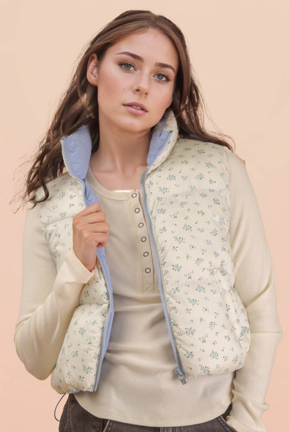 NJ90395-Floral Printed Cropped Puffer Vest