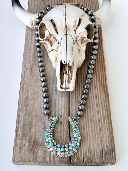Western Navajo Pearl Rhinestone Horseshoe Necklace