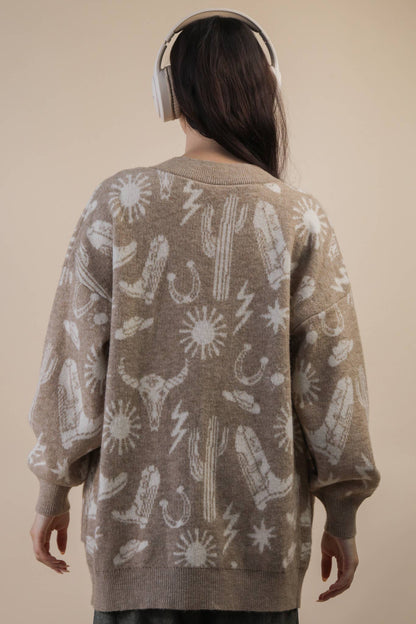 12W3393N-Oversized Western Graphic Knit Sweater Cardigan