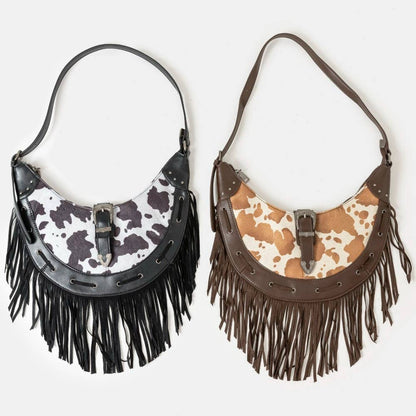 Cow Print Leather Fringe Hobo Bag