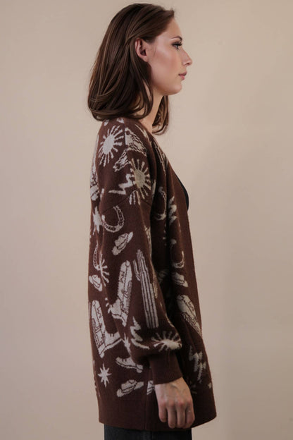 12W3393N-Oversized Western Graphic Knit Sweater Cardigan