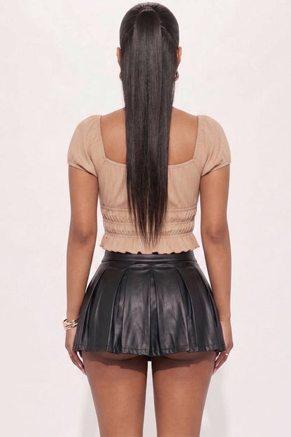 Casual Ruched Puff Sleeve Ribbed Knit Solid Top